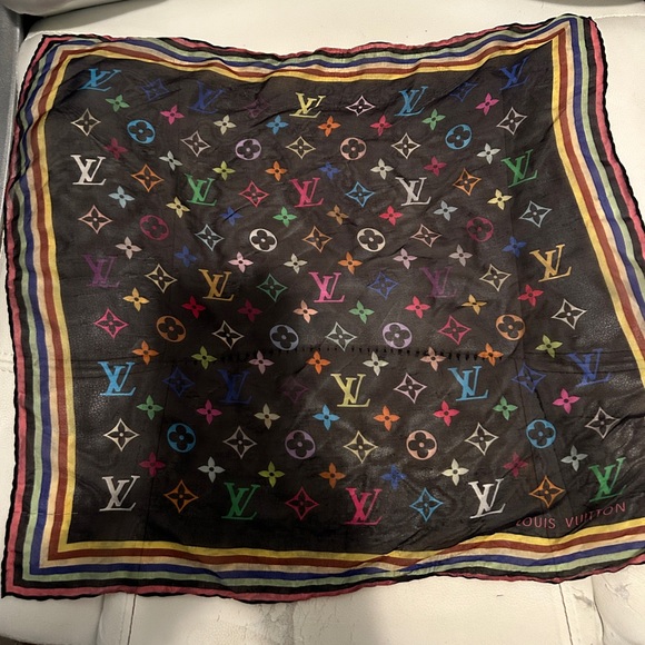 AUTHENTIC Louis Vuitton Marukami Black Rainbow Monogram Silk Scarf - Picture 3 of 8